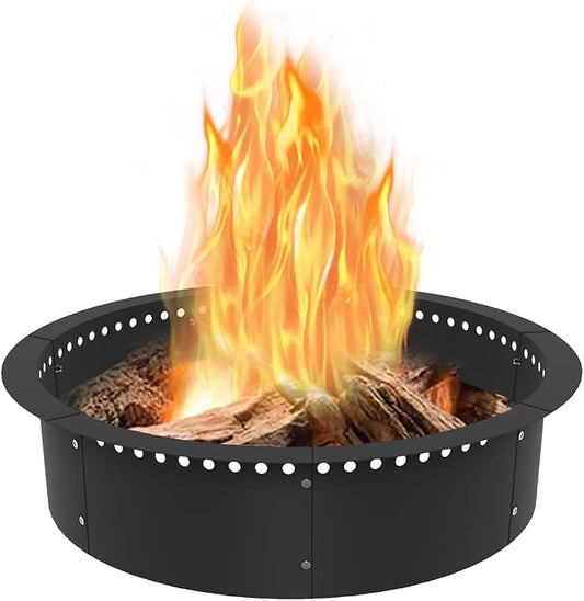 Koutemie Outdoor Smokeless Fire Pit Ring Liner 35-Inch Outer/31-Inch Inner Diameter, Heavy Duty Solid Metal Steel Round Firepit Rim Insert for Outside DIY Campfire Ring Above or In-Ground, Black