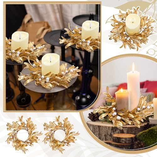 2 Pcs Gold Christmas Candle Rings Wreaths Artificial Gold Boxwood Leaf Wreath for Pillar 3.9 Inch Candles Holder for Christmas Xmas Winter Rustic Table Centerpiece Decor - Image 4