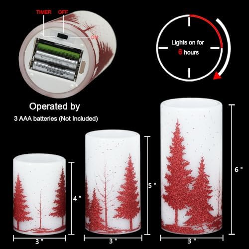 Red Christmas Tree LED Flameless Pillar Candles Battery Operated with Timer - Image 2