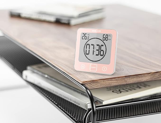 Rohome Digital Timer Waterproof Wall Clock, Kitchen Countdown Timer, Shower Clock with Temperature Humidity, Mirror Suction Cup Bathroom Timer, Wall Hanging for Bath Spa Basement Swimming Pool (Pink)