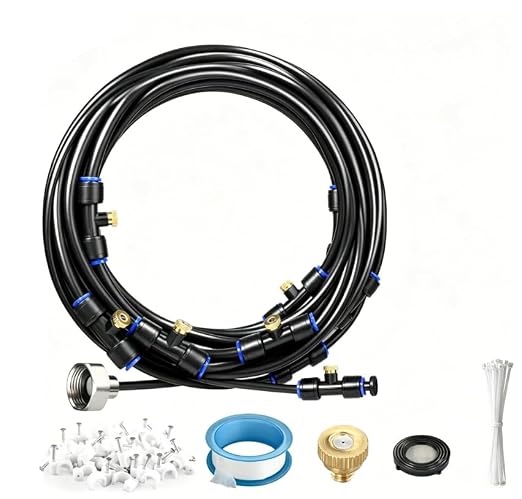 Misters for Outside Patio 30FT/9M, Pre-Assembled Misting Cooling System with 8 Brass Nozzles & 3/4" Adapter, Outdoor Mister for Backyard, Garden, Trampoline Sprinkler, BBQ Party Accessories