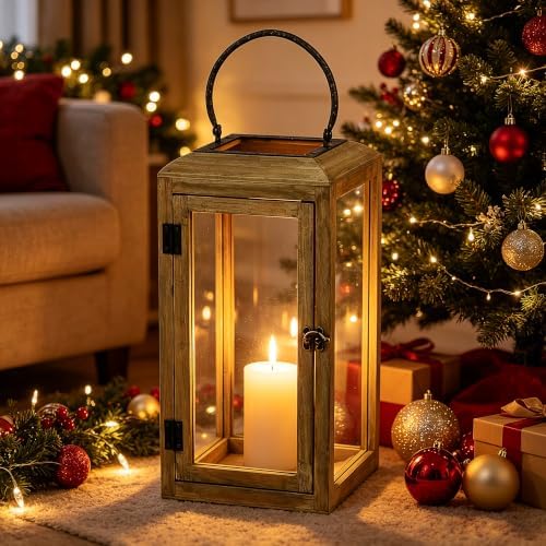 16" High Wooden Lantern Made of Solid Firwood in Distressed Natural with Metal Handle,Hurricane Lantern, Farmhouse Lantern for Party, Deck, Front Porch - Image 3