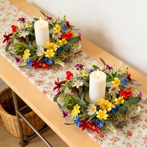 6 PCS Spring Summer Artificial Floral Candle Rings Wreath Sunflowers Daisy Forsythia Candle Rings Pillar Holder Wreath Mini Eucalyptus Candle Wreaths Kitchen Cabinet Swags for Home Tabletop Decor - Image 7