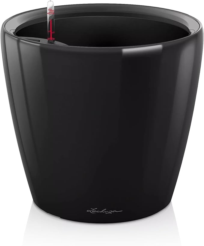 Lechuza Classico LS 28 Black High Gloss, Self-Watering Round Planter, D11 H10.2 in