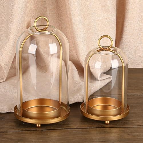 Vintage Brass Metal Candle Lantern with Thick Glass Dome Set of 2 - Image 7