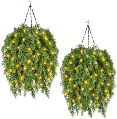 29.5" Artificial Cedar Hanging Christmas Baskets for Outdoors with Lights by ZYTHREM
