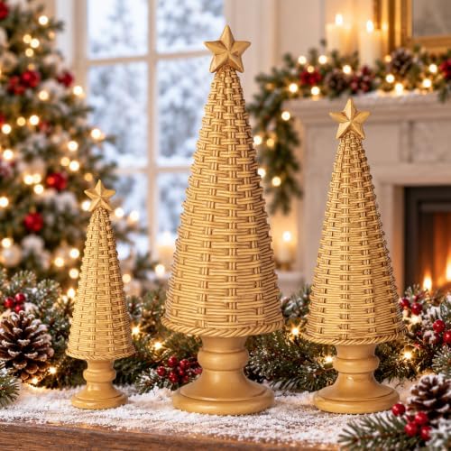 3PCS Christmas Tree Figurines, Woven Style Tabletop Decor Gift by GLEEMORIA