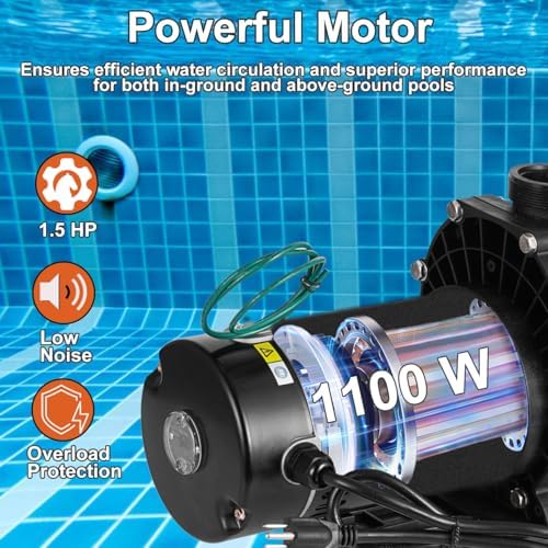 Pool Pump 1.5 HP, Dual Voltage 110/220 V Swimming Pool Pump 6500 GPH in/Above Ground Pool Pumps 1100 W Powerful Self Priming Pump for Residential/Commercial Pools, Spas and Hot Tubs
