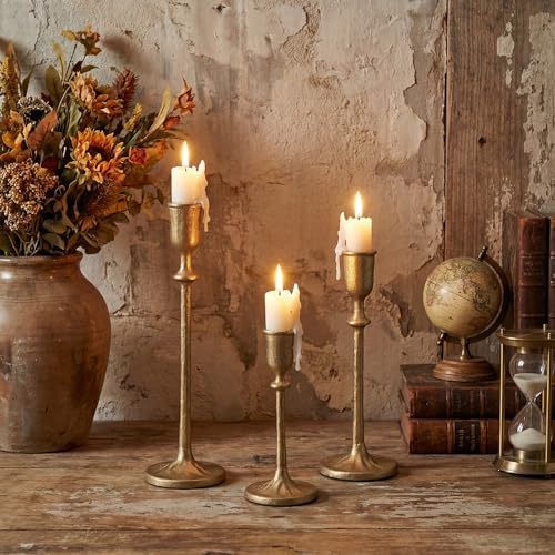 3Pcs Antique Brass Candlestick Holders, Iron Taper Candle Holder for Dining Table, Wedding, Fireplace Mantel Decor, Vintage Tall Candle Stands, Christmas & Home Decoration - Image 4