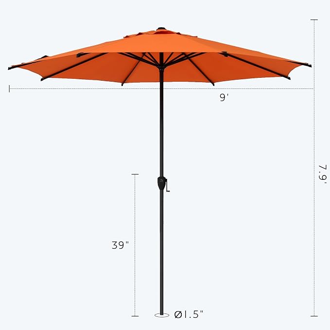 Abba Patio 9FT Lyon Outdoor Patio Umbrella Outdoor Table Umbrella with Crank Market Umbrella 8 Sturdy Ribs UV Protection Waterproof and Push Button Tilt for Garden Deck Backyard Pool,Orange