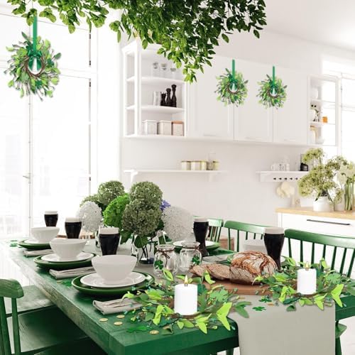 6 Pcs St.Patrick's Day Shamrocks Candle Wreath Artificial Clover Rings Wreath Lucky Irish Kitchen Cabinet Wreaths Pillars Candle Wreaths for Front Door Porch Wall Window Decoration - Image 5
