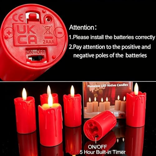 6 PCS Flameless Votive Candles with Timer Battery Operated Red - Image 6