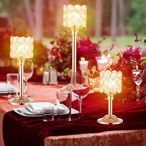 Mumufy 12 Pieces Crystal Candle Holders Set 3 Sizes Tall Crystal Wedding Candlestick Holders Pillar Candelabra Stand for Table Centerpieces for Christmas Party Wedding Dining Decoration (Gold) - Image 5