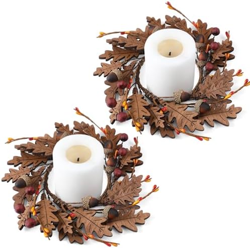 Daifunli 2 Pcs Fall Candle Rings for Pillar 3.9 Inch Wood Oak Leaves Acorn by Huiinen
