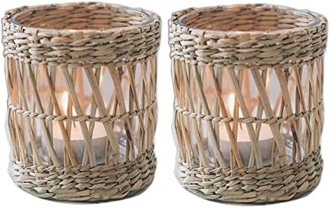 Wicker Rattan Woven Tea Light Candle Holder Set of 2, Handcraft Woven Votive Candle Holder, Rustic Vintage Seagrass Glass Votive Candle Holders for Dining Table Christmas Decoration by QIAOIDEA