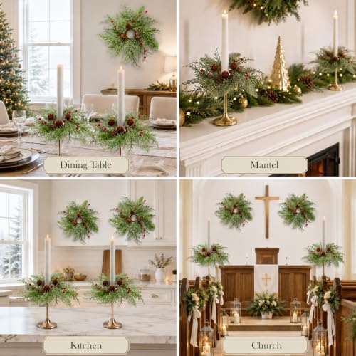4 PCS 1.38" Mini Christmas Pine Taper Candle Rings Holder Wreaths - Image 7