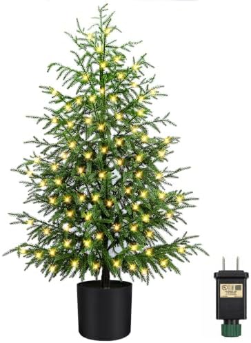 4FT Prelit Norfolk Pine Christmas Tree Real Touch Artificial Cedar Tree with 80LED Lights & 8-Function Plug-in Potted Faux Trees for Front Porch, Entryway, Patio, Christmas Indoor Outdoor Decor by ENVEN