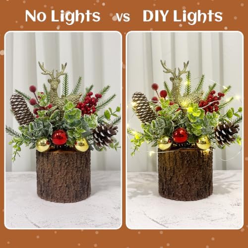10 Inch Mini Artificial Christmas Tree, Christmas Tabletop Tree with DIY Wire Lights, Reindeer, Pine Cones, Red Berries and Ornaments, Small Christmas Tree for Table Desk Office Holiday Decor - Image 4