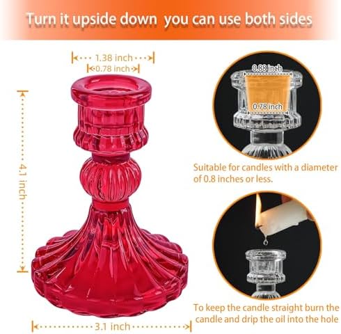 Red Glass Candlestick Holders, Taper Candle Holders, Set of 6 - Image 2