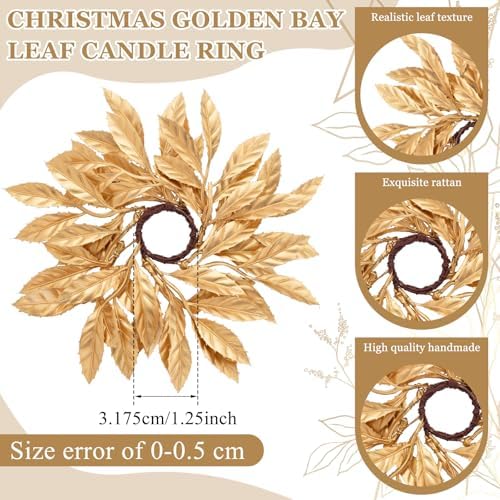 Daifunli 2 Pcs Christmas Artificial Gold Bay Leaf Candle Rings Gold Bayleaf Candleholders Wreath for Taper Candles 1.25 Inch Candles Holder for Christmas Rustic Table Centerpiece Decor - Image 2