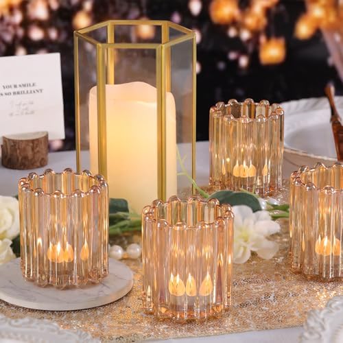 12PCS Glass Gold Votive Candle Holder, Ribbed Tea Light Candle Holders - Image 3