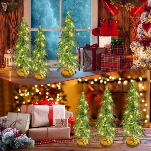 3 Pcs Mini Christmas Tree with Lights, Artificial Bottle Brush Trees with Wooden Bases Christmas Table Decor Small Trees with LED Light String for Decorations，Green - Image 5