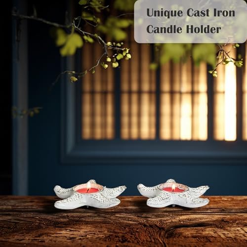 Small Cast Iron Candle Holder, Handmade Vintage Candlestick Holders, Tea Light Candle Holder, Rustic Candle Stand for Romantic Dinner, Yoga Meditation, Home Decor (White Starfish Pattern) - Image 2