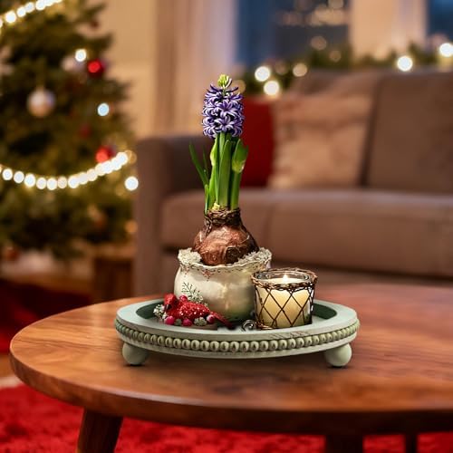 Candle Plate Hold Tray, Sage Round Trays, Wooden Decorative Tray for Coffee Table Decor, Beaded Edge Wood Tray Riser for Living Room Table, Mug Display Decorative, Table Centerpiece, Rustic Green - Image 2