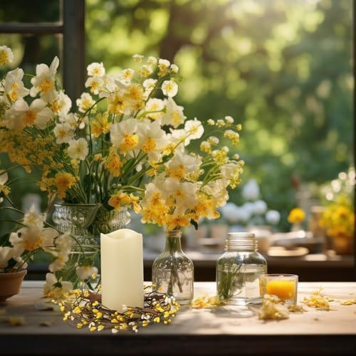 Daifunli 2 Pcs Summer Country Primitive Yellow Pip Berry with Rusty Tin Stars Candle Ring Vintage Pip Berries Wreaths for Pillar 3.9 Inch Candles Holder for Summer Rustic Table Centerpiece Decor - Image 4