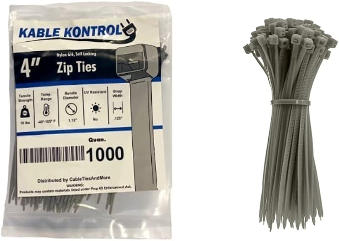 Kable Kontrol Gray Zip Ties 4 Inch 1000 Pcs, 18 Lbs Tensile Strength, Self-locking Nylon Colored Cable Ties Wire Wraps for Indoor or Outdoor Use