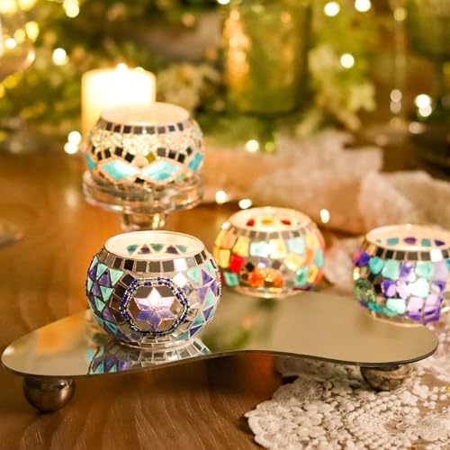 4PCS Mosaic Tealight Candle Holder Set - Blue Mediterranean Glass Votive Candle Holder for Summer Ocean Decor & Diwali Decorationr & Diwali Gift - Image 3