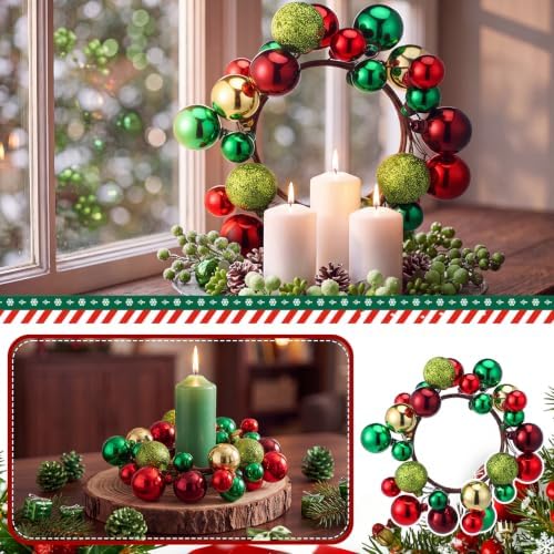 Daifunli 2 Pcs Christmas Ball Needle Candle Ring Red Green Glitter Lemon Green Artificial Wreath for Pillar 3.5 Inch Candle Holder for Winter Xams Country Wedding Table Centerpiece Decor - Image 5