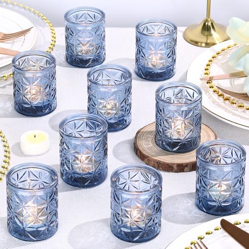 12 Pack Blue Votive Candle Holders, Vintage Blue Candle Holders, Tealight Candle Holder for Wedding Table Centerpieces, Bridal Shower, Home Decor, Birthday, Party Table Decor by TripodBird