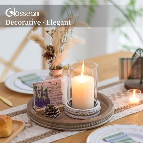 Glasseam Glass Hurricane Candle Holder, Decorative Candle Holders for Pillar Candles, Boho Candle Holders for Table Centerpiece, Glass Cylinder With Wood Beaded Candle Plate for Dining Room Decoration - Image 4
