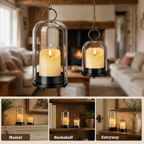 Brass Hurricane Handmade Sturdy Glass Dome Candle Holders with Glass Cover, Set of 2 Flameless Battery Operated LED Pillar Candles and Remote, Elegant Cloche Lantern for Modern Table Centerpiece - Image 6