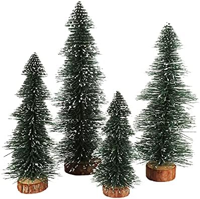 Mini Christmas Tree Set of 4 Miniature Pine Trees Frosted Sisal with Wooden Bases Tabletop Bottle Brush for Xmas Holiday Party Home Decor Green by UIYIHIF