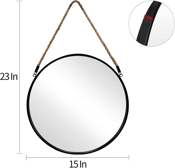 POZINO 15" Small Round Rope Hanging Mirror with Black Metal Frame | Circle HD Mirror with Jute Rope, Anti-Rust, Farmhouse Decorative Wall Mirror for Entryway, Living Room, Fireplace, Bedroom