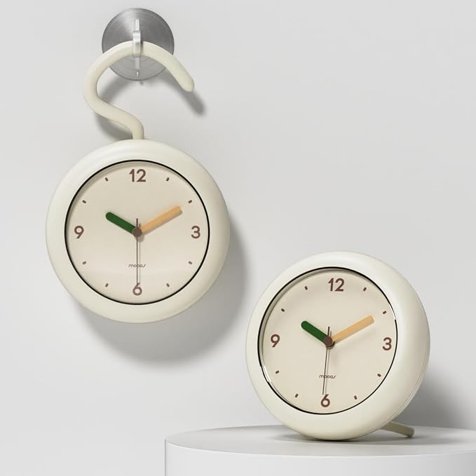 mooas Marshmallow Shower Bathroom Clock, Waterproof Shower Clock, Silent Non-Ticking Battery Operated with Stand, Hook, Suction, Bathroom Kitchen Shower Booth (Ivory)