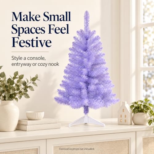 3FT Artificial Christmas Tree with Tinsel and String Lights – Tabletop Small Xmas Tree for Desk, Office, or Small Spaces – Full Branches, Easy Assembly, Holiday Decoration (Lavender Tinsel) - Image 3