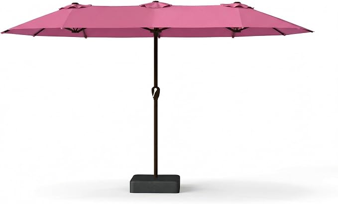 15FT Large Patio Umbrella with Base Included, Double Sided Outdoor Market Umbrella with Flexible Fiberglass Ribs, UV-Blocking Extra Large Umbrella for Garden, Pool, Deck, Rose Pink