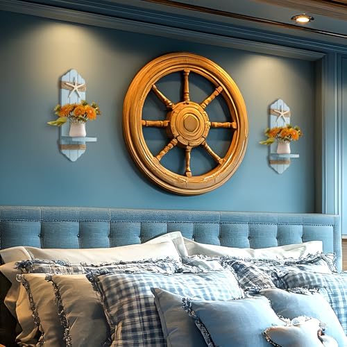 Wall Candle Sconces Set of Two,Beach Starfish Blue Wood Wall Candle Holder Decor, Farmhouse Wooden Candle Holder Wall Decorations for Fireplace, Hallway, Living Room, Bedroom - Image 4