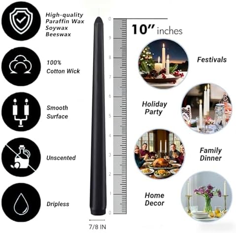 20-Pack Black Taper Candles Unscented, 10 Inch Tall Dinner Table Candlesticks for Halloween Gothic Centerpieces, Bulk Tapered Candles Long Burning Smokeless Dripless, Decorative Candle for Home Decor - Image 7