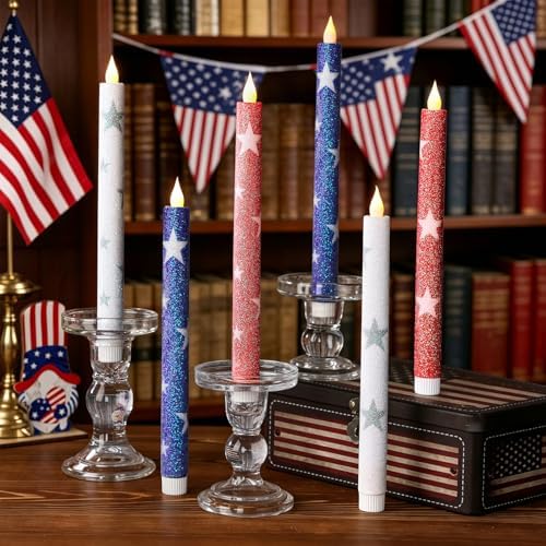 6 Pcs Patriotic Flameless Taper Candles, Glitter Red White and Blue Star Candles for 4th of July 250th Anniversary of Independence Day Home Party Decor, Battery Operated LED Candlesticks by Unknown