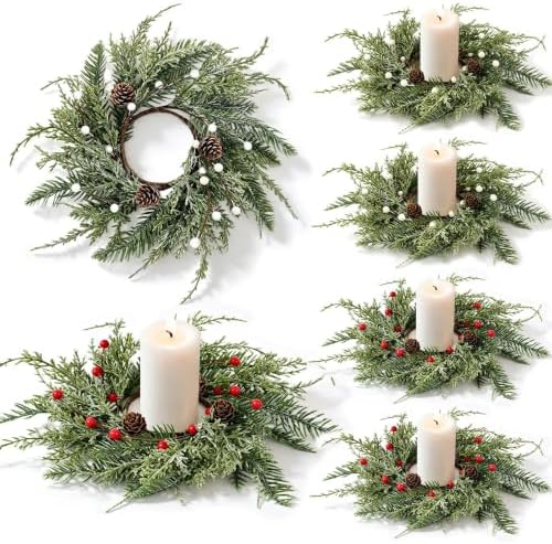 6 PCS Christmas Wreath Candle Rings Mini Wreath Pine Garland Artificial Frosted Cedar and Pine Cone Candle Rings Holder for Christmas Wedding Home Table Centerpiece Door Window Chair Wall by Unknown