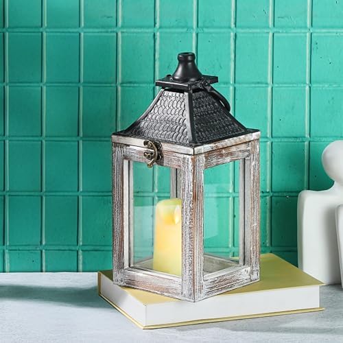 12" High Farmhouse Decorative Lantern, Glass and Metal, Distressed White Wood Finish, Vintage Black Metal Top, Indoor Outdoor Candle Holders (Rustic White, 5"x5") - Image 3