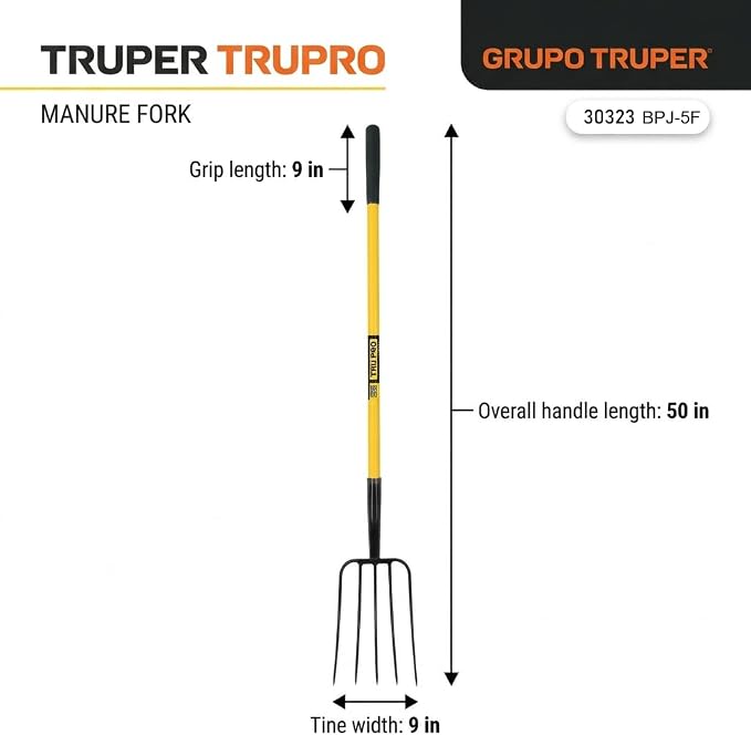 Truper TruPro Garden Manure Fork, 5 Tines, 50-Inch Fiberglass Handle with 9-Inch Grip, 9-Inch Tine Width - Pitchfork for Compost - Broadfork for Gardening (Model 30323)