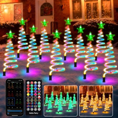 10 Pack Christmas Pathway Lights Outdoor, Smart Spiral Christmas Tree Lights with RGBW DIY Modes, App & Remote Control, Music Sync, Timer, IP65 Waterproof Walkway Lights for Yard Decorations 1.6FT*10 by PZETCEIR