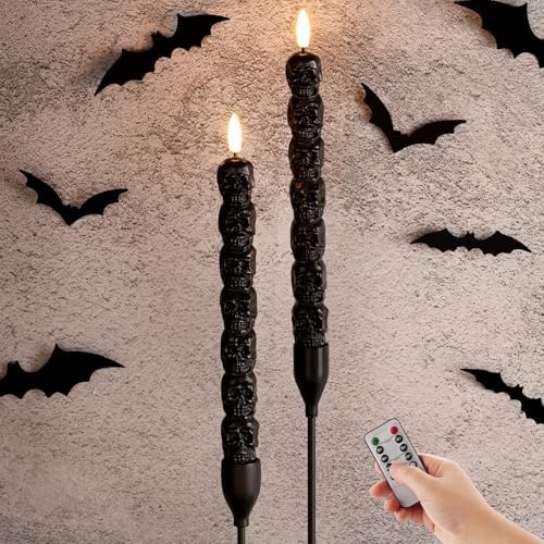 Black Skull Halloween Flameless Taper Candles with Remote Set of 2 by Girimax