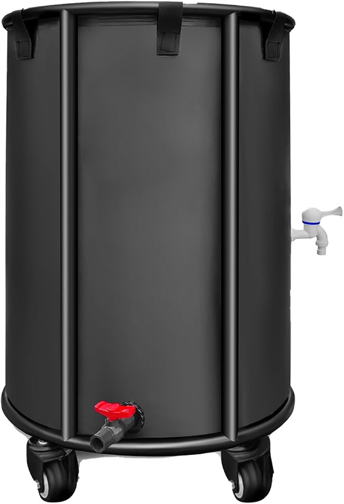 Outdoor Rainwater Collector, Mobile Portable, 30 Gallon, Black - Rainwater Collection Storage Container with Faucet, Mobile Frame, Strainer and Side Faucet