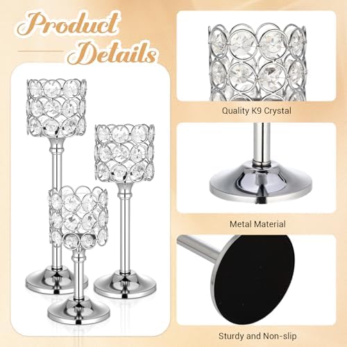 Mumufy 6 Pieces Crystal Candle Holders Set 3 Sizes Tall Crystal Wedding Candlestick Holders Pillar Candelabra Stand for Table Centerpieces for Christmas Party Wedding Dining Decoration (Silver) - Image 3